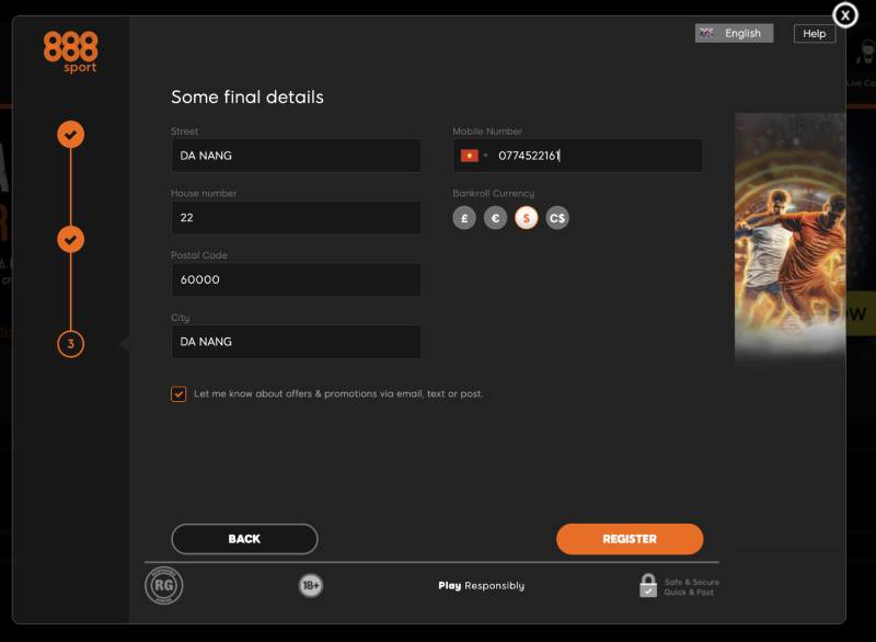 Hướng Dẫn Đăng Ký 888BET Nhanh Và Chi Tiết Nhất 3 Bước 4: Hoàn thiện thông tin liên hệ