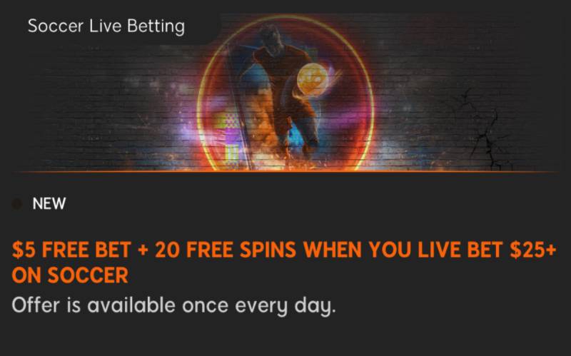 Soccer Live Betting – $5 Free Bet + 20 Free Spins mỗi ngày